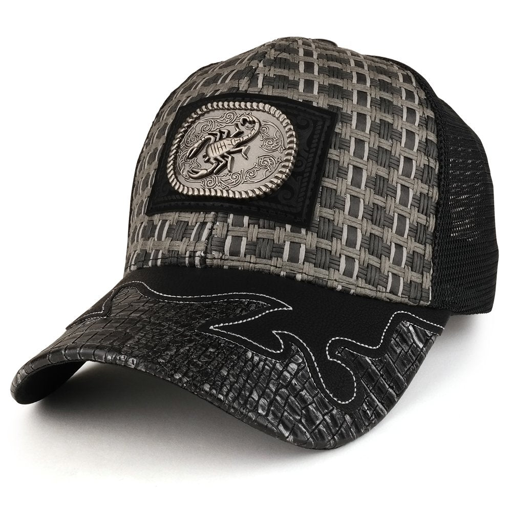 Trendy Apparel Shop Straw Design Metallic Scorpion Logo Trucker Mesh Adjustable Baseball Cap