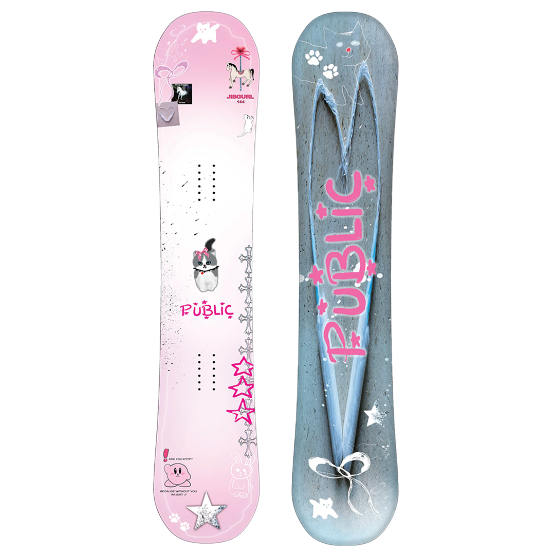 Set of two snowboard decks: pink/white and blue with pink lettering and paw icons